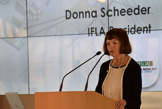IFLA President Donna Scheeder delivering opening remarks
