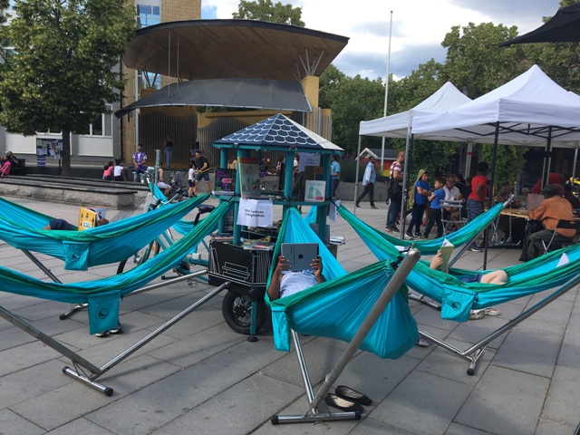 The mobile library in Stockholm comes with hammocks