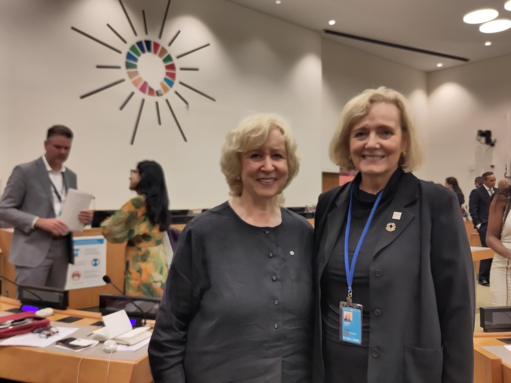 Picture of two women in a conference room, with an SDG wheel on the wall behind