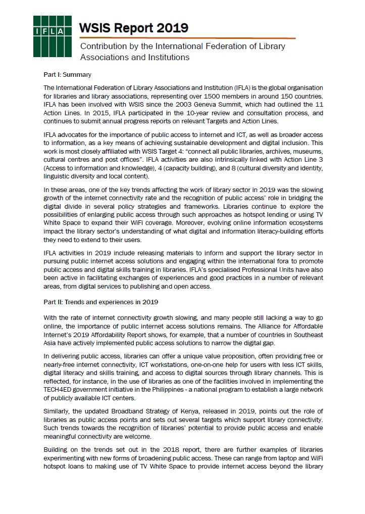 IFLA COntribution to 2019 WSIS Report - first page