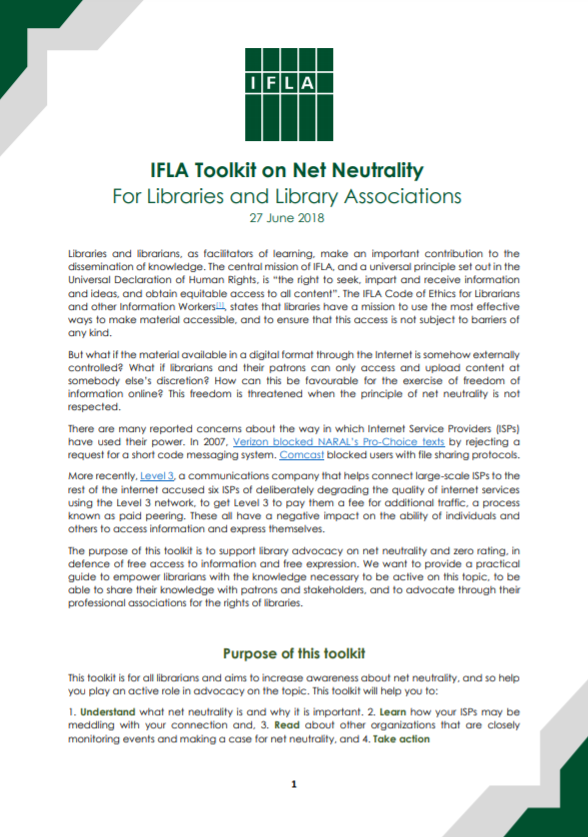 Front Cover of IFLA Toolkit on Net Neutrality