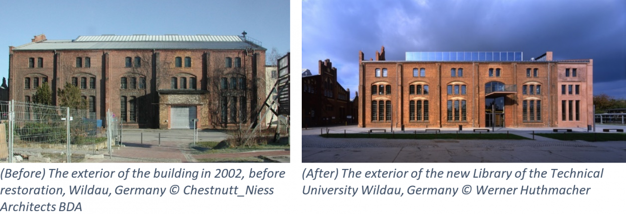 (Before) The exterior of the building in 2002, before restoration, Wildau, Germany, in 2002 Â© Chestnut_Niess Architects BDA; (After) The exterior of the new Library of the Technical University Wildau, Germany Â© Werner Huthmacher.
