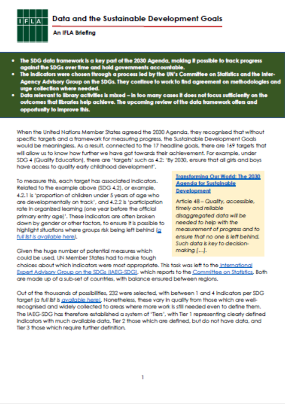 First page of Data and the SDGs brief