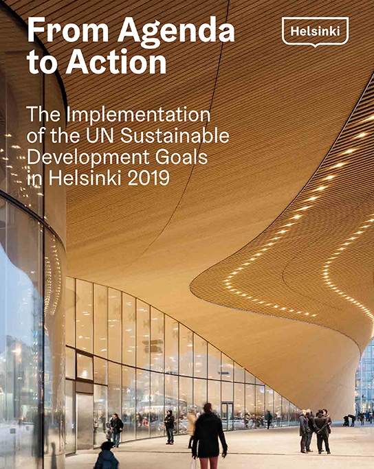 Front cover of Helsinki's Voluntary Local Review, showing the Oodi Public Library
